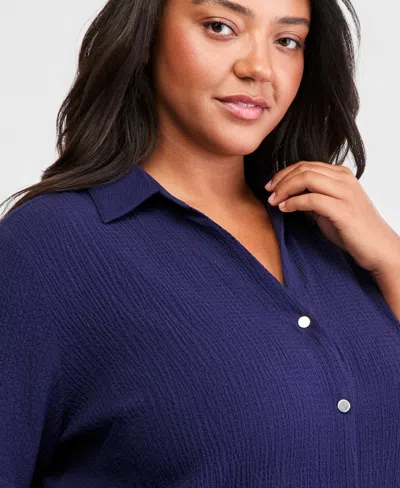Anne Klein Essentials Plus Size Button-front Shirt In Distant Mountain