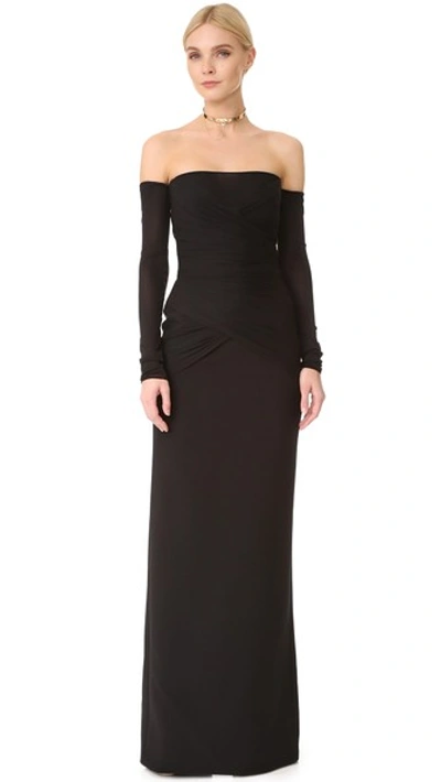 Versace Off-the-shoulder Ruched Silk-cady Gown In Black