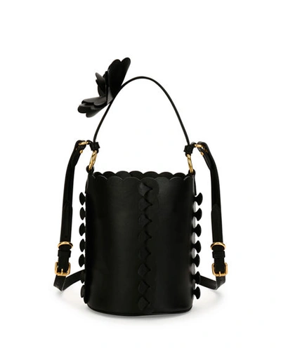 Miu Miu Flower-embellished Leather Bucket Bag In Black