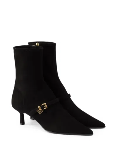 Prada Stretch Suede Booties In Black