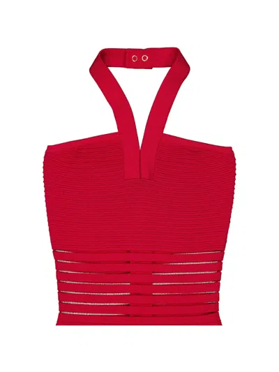 Balmain Halterneck Openwork-panel Maxi Dress In Red