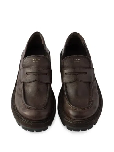 Prada Leather Loafers In Brown