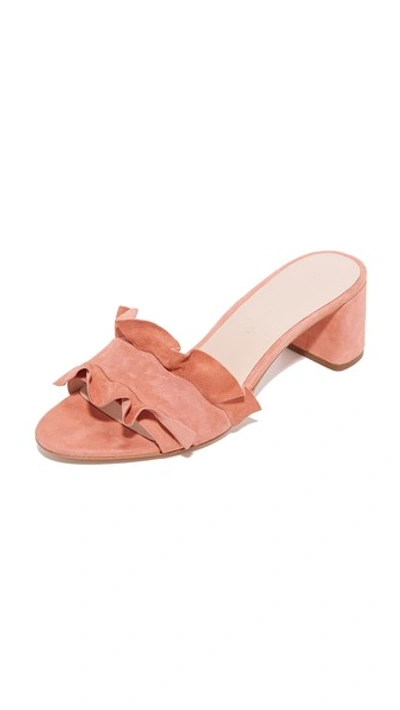 Loeffler Randall Vera Ruffled Suede Block Heel Slides In Melon Pink