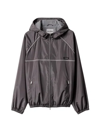 Miu Miu Technical Silk Zipper Blouson Jacket In Gray