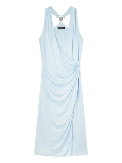 Versace Light Blue Midi Dress With V-neck And Medusa Plaque On The Back In Viscose For Women In Blue