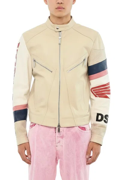 Dsquared2 Logo-patch Leather Biker Jacket In Neutral