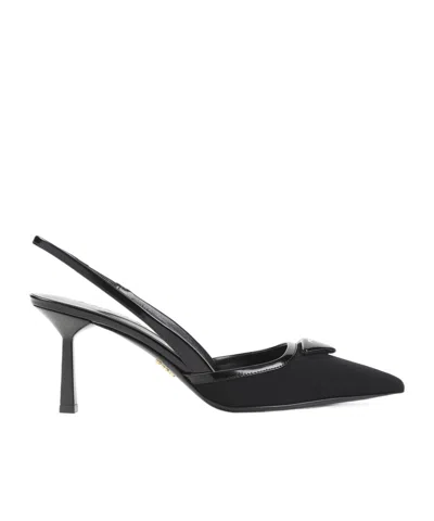 Prada 70 Triangle Logo Leather And Mesh Slingback Pumps In Black