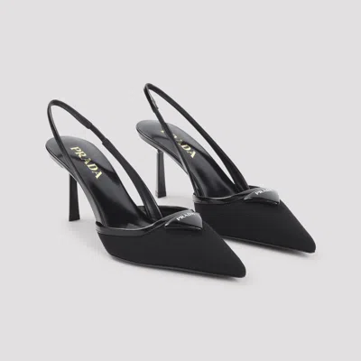 Prada 70 Triangle Logo Leather And Mesh Slingback Pumps In Black