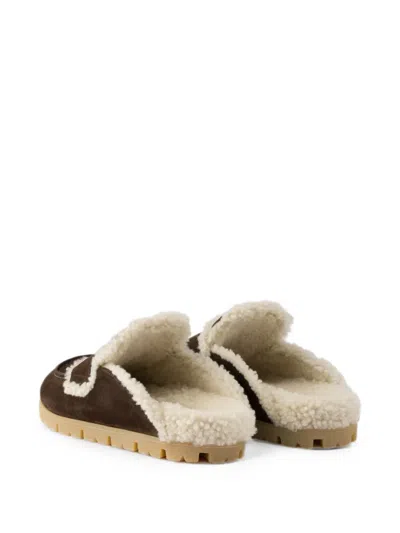 Prada Shearling-trim Logo-plaque Suede Mules In Brown
