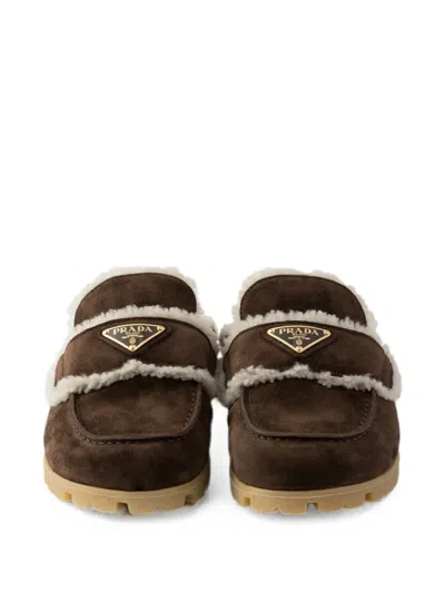 Prada Shearling-trim Logo-plaque Suede Mules In Brown