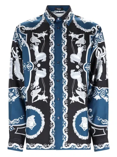 Versace Silk Shirt With Printed Design And Button-down Collar In Multi