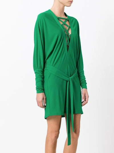 Shop Balmain Crossed Lace Dress In Green