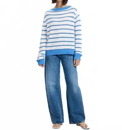 French Connection Teddy Knit Open Stripe Pullover Sweater In Summer White-blue Hydrangea In Blue
