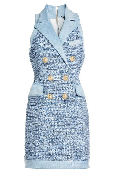 Balmain Woman Denim-trimmed Tweed Mini Dress Blue