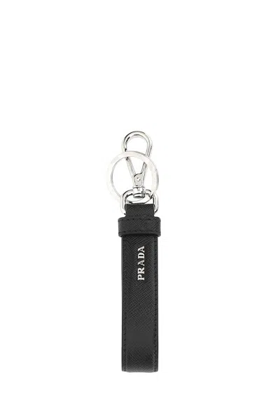 Prada Black Leather Key Ring In Black