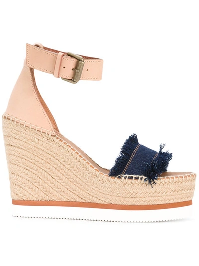 Shop See By Chloé Frayed Wedged Sandals - Blue