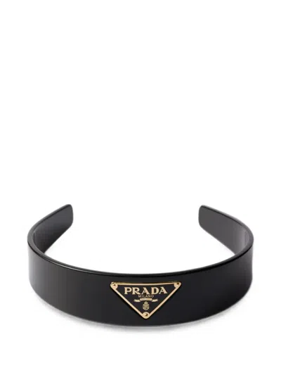 Prada Headband With Triangle Logo In Black
