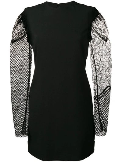 Saint Laurent Fitted Minidress With Lace & Mesh Sleeves In Neronero