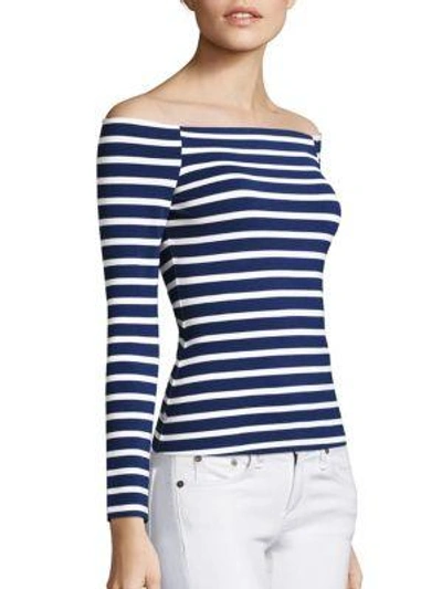 Shop L Agence Cynthia Striped Off-the-shoulder Top In Navy Magnolia