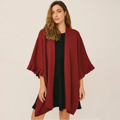 Truedames Solid Knit Open Front Ruffled Sleeves Kimono Poncho In Red
