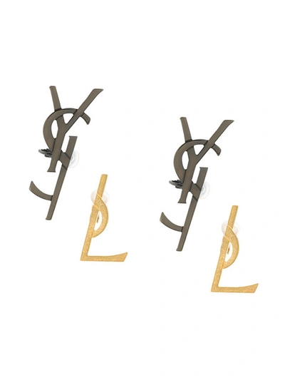 Saint Laurent Set Of Two Monogram Clip-on Earrings In Gold/black