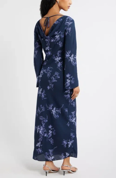Open Edit Print Long Sleeve Drape Back Dress In Blue