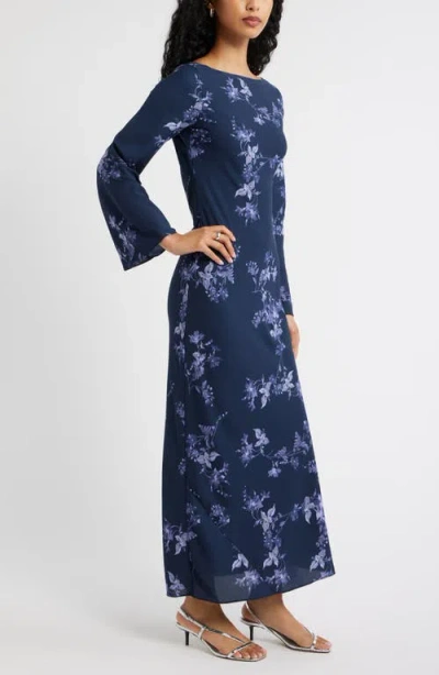 Open Edit Print Long Sleeve Drape Back Dress In Blue