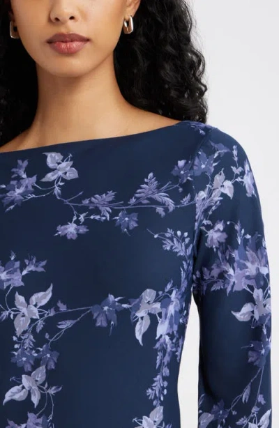 Open Edit Print Long Sleeve Drape Back Dress In Blue