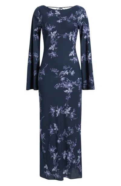 Open Edit Print Long Sleeve Drape Back Dress In Blue