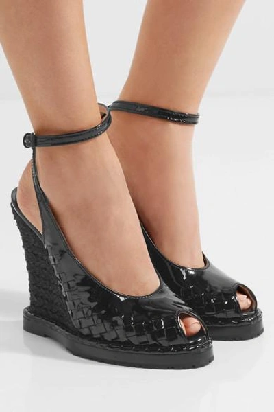 Shop Bottega Veneta Intrecciato Patent-leather Espadrille Wedge Sandals