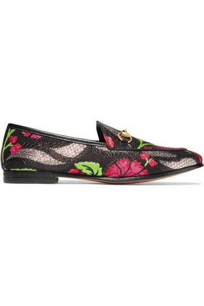 Shop Gucci Jordaan Horsebit-detailed Leather-trimmed Metallic Floral-brocade Loafers