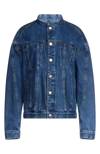 Twp Dawson Collarless Denim Jacket In Blue