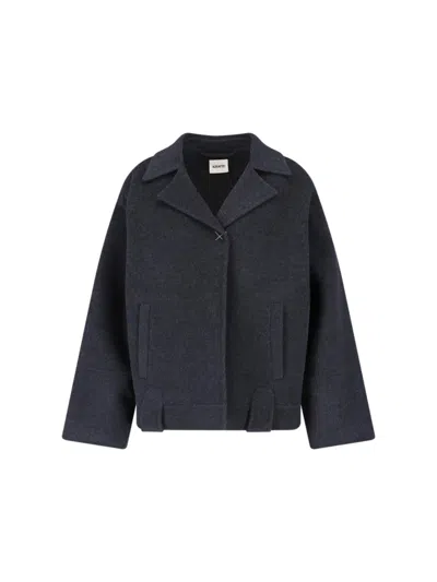 Khaite Textured Grey Wool Jacket With Classic Lapel And Belted Waist In Black