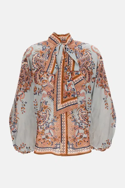 Zimmermann Paisley Floral Pure Silk Blouse With Self-tie Neck Detail In Brown