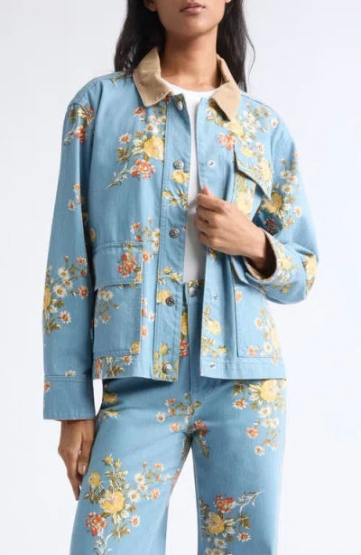 Veronica Beard Leighton Floral-print Corduroy-collar Jacket In Blue