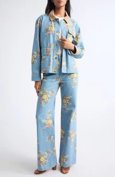Veronica Beard Leighton Floral-print Corduroy-collar Jacket In Blue
