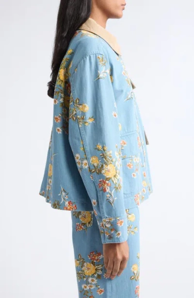 Veronica Beard Leighton Floral-print Corduroy-collar Jacket In Blue