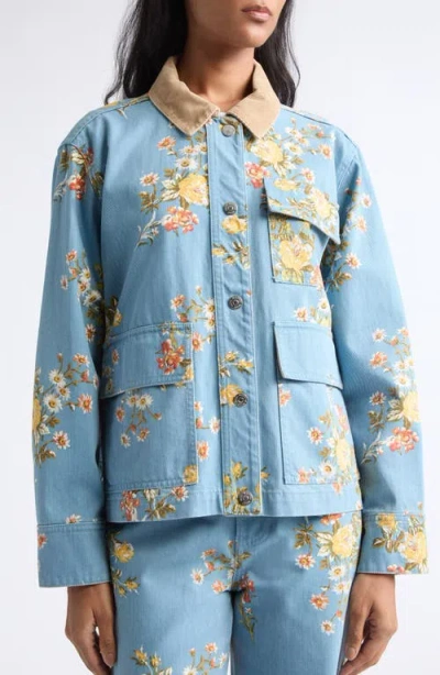 Veronica Beard Leighton Floral-print Corduroy-collar Jacket In Blue