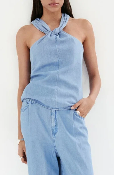 Mango Crossed Strap Denim Top In Blue