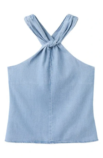 Mango Crossed Strap Denim Top In Blue