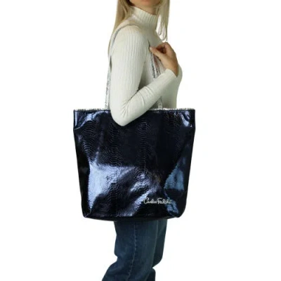 Carlos Falchi Microfiber Python Tote In Navy