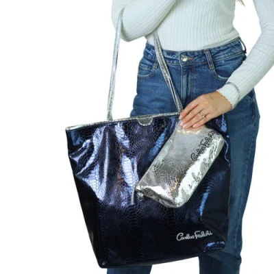 Carlos Falchi Microfiber Python Tote In Navy