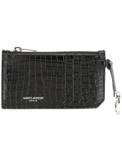 Saint Laurent Fragments Zippered Card Case In Shiny Crocodile-embossed Leather