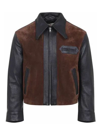 Marni Black Leather Jacket With Split-leather Front Panel In Black