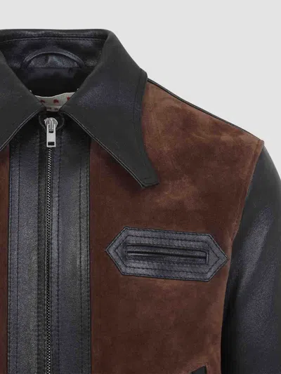 Marni Black Leather Jacket With Split-leather Front Panel In Black