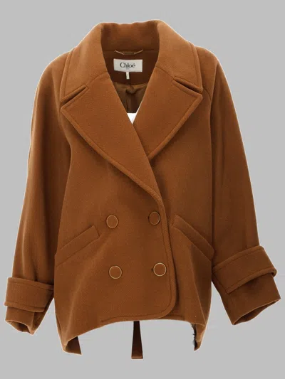 Chloé Double-breasted Short Coat In Herringbone Wool In Orange