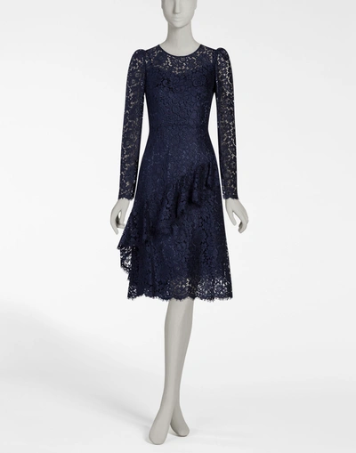 Shop Dolce & Gabbana Lace Dress With Flounce In Dark Blue