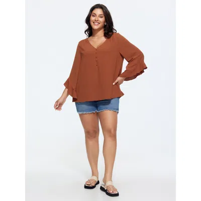 Bloomchic Ruffled Flared Sleeve Plain Blouse In Rust