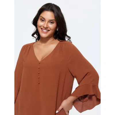 Bloomchic Ruffled Flared Sleeve Plain Blouse In Rust