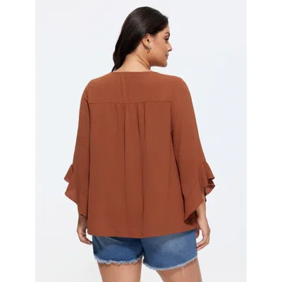 Bloomchic Ruffled Flared Sleeve Plain Blouse In Rust
